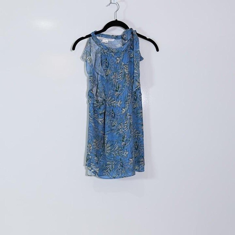 Veronica Beard Dalia Silk Chiffon Pleated Ruffle Blouse Aero Blue Floral Blouse